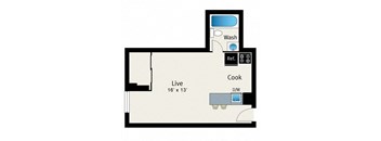 A floor plan of a living space with a kitchen and bathroom.