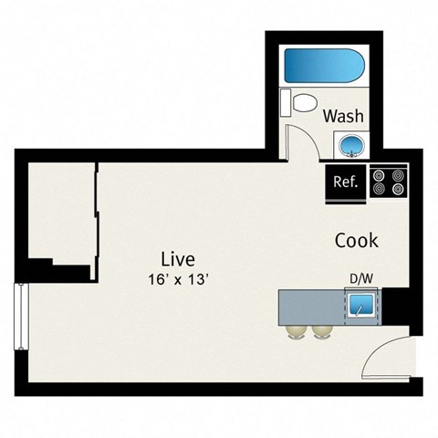 A floor plan of a living space with a kitchen and bathroom.