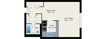 A floor plan of a small apartment with a study/dine area, a living/sleeping area, a kitchen, a bathroom, and a washbasin.
