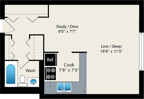 A floor plan of a small apartment with a study/dine area, a living/sleeping area, a kitchen, a bathroom, and a washbasin.
