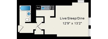 A floor plan of a room with a reference button, a bed, a desk, and a dining table.