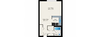 A floor plan of a small apartment with a living room, study, dining area, and kitchen.