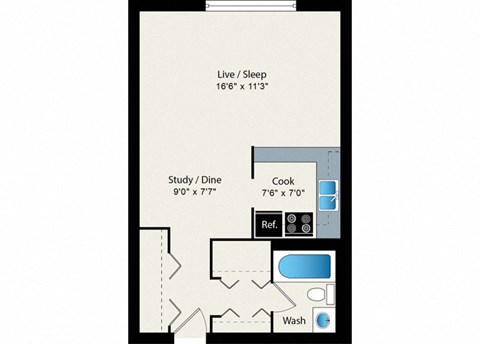 A floor plan of a small apartment with a living room, study, dining area, and kitchen.