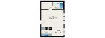 A floor plan of a small apartment with a wash, a dining area, and a kitchen.