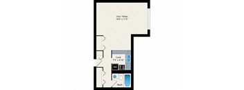 A floor plan of a room with a live/sleep area, a kitchenette, and a bathroom.