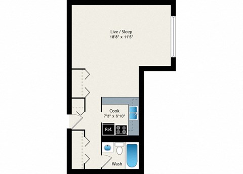 A floor plan of a room with a live/sleep area, a kitchenette, and a bathroom.