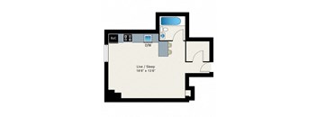 A floor plan of a room with a reference line on the left and a sleeping area with dimensions.