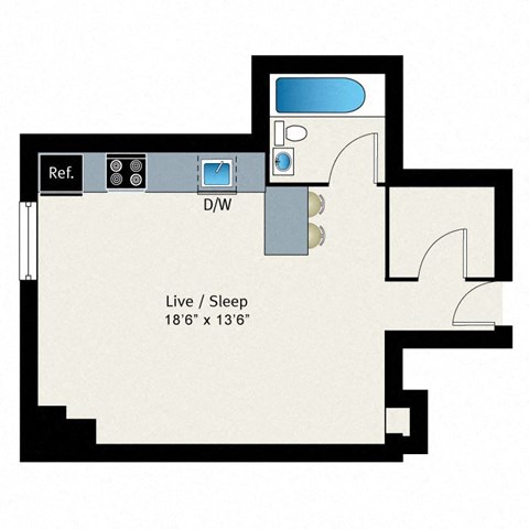 A floor plan of a room with a reference line on the left and a sleeping area with dimensions.