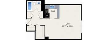 A floor plan of a house with a living room, kitchen, and bathroom.