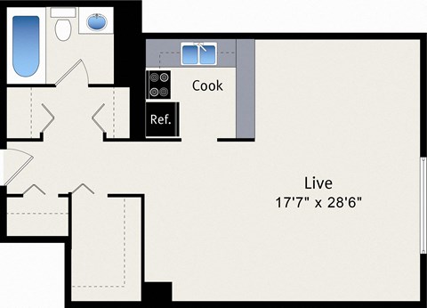 A floor plan of a house with a living room, kitchen, and bathroom.