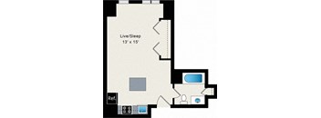 A floor plan of a Live/Sleep room that is 13' x 15'.