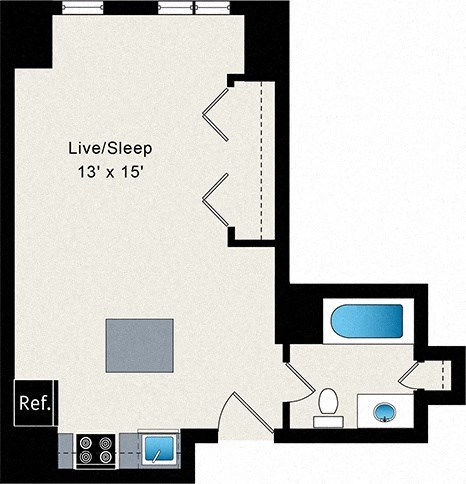 A floor plan of a Live/Sleep room that is 13' x 15'.