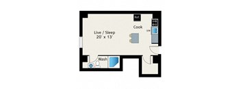 A floor plan of a small apartment with a living/sleeping area, a kitchen, and a bathroom.