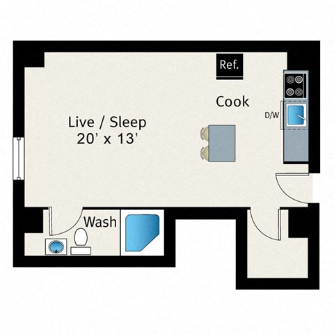 A floor plan of a small apartment with a living/sleeping area, a kitchen, and a bathroom.