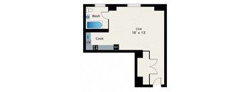 A floor plan of a living space with a wash basin, a cooking area, and a live area.