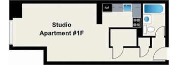 A floor plan of a studio apartment is shown.