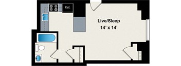 A floor plan of a room with a reference box and a live/sleep area.