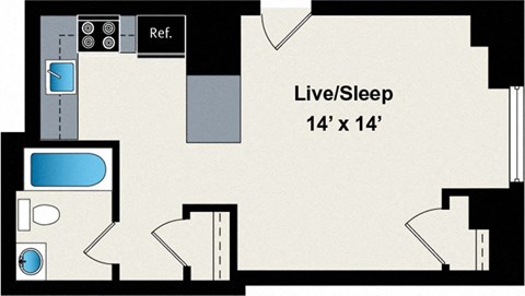A floor plan of a room with a reference box and a live/sleep area.
