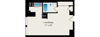 A floor plan of a room with a reference box and a live/sleep area.