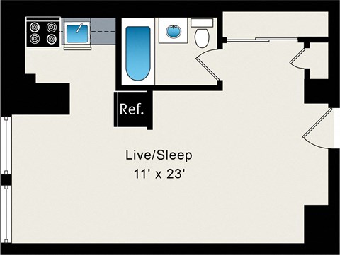A floor plan of a room with a reference box and a live/sleep area.
