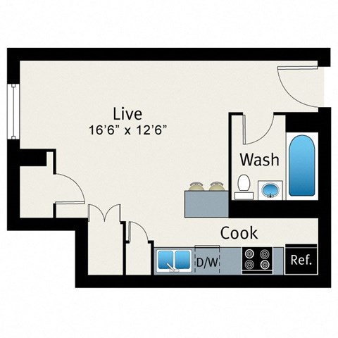 A floor plan of a living space with a kitchen and bathroom.