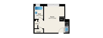 A floor plan of a room with a bath, studio, linen, closet, and a reference to a door.