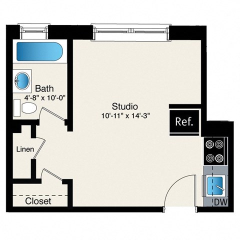 A floor plan of a room with a bath, studio, linen, closet, and a reference to a door.