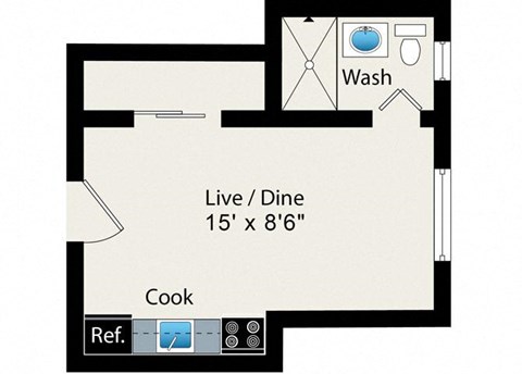 A floor plan of a kitchen with a live/dine area and a washroom.