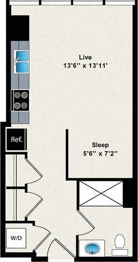 A floor plan of a room with a live area, a sleep area, and a W/D.