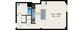 A floor plan of a room with a reference, a cooking area, a toilet, a sink, a shower, a bed, and a w/d.