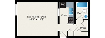A floor plan of a living space with a kitchen, bathroom, and bedroom.