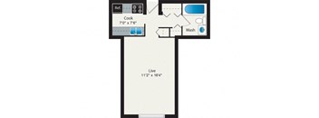 A floor plan of a kitchen with a cooking area, a washbasin, and a living room.