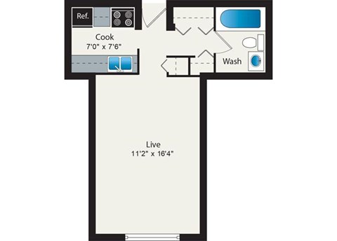 A floor plan of a kitchen with a cooking area, a washbasin, and a living room.