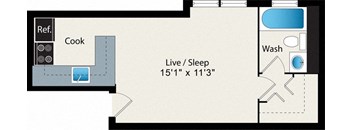 A floor plan of a small apartment with a kitchen, a living room/bedroom, and a bathroom.