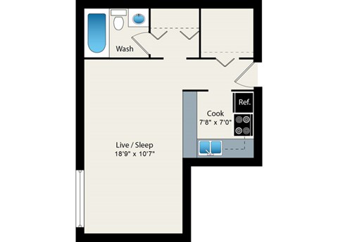 A floor plan of a small apartment with a wash basin, a reference bookshelf, and a sleeping area.