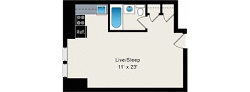 A floor plan of a Live/Sleep room that is 11' x 23'.