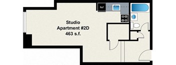 A floor plan of a studio apartment with the text "Studio Apartment #2D 463 s.f."