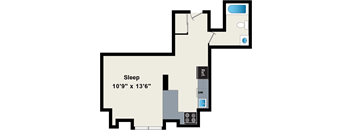 A floor plan of a room with a sleeping area sized 10'9