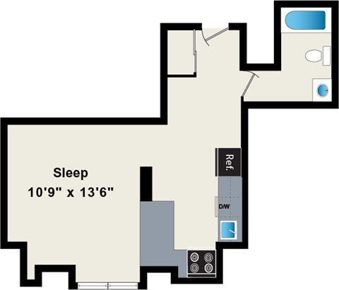 A floor plan of a room with a sleeping area sized 10'9