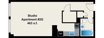 A floor plan for Studio Apartment #2G, 463 square feet, with a reference button.