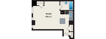 A floor plan of a studio apartment is shown with dimensions.