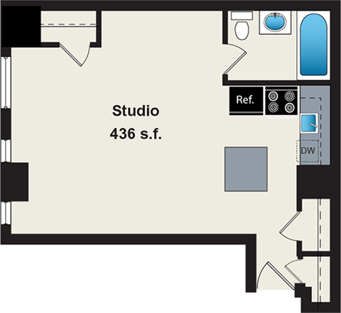 A floor plan of a studio apartment is shown with dimensions.