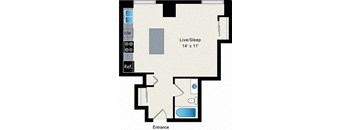 A floor plan of a room with a live/sleep area and an entrance.