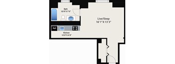 A floor plan shows a bathroom, a kitchen, and a combined living/sleeping area.