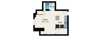 A floor plan of a room with a sleeping area, a washbasin, a cooking area, and a reference area.
