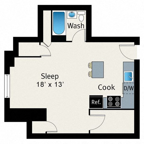 A floor plan of a room with a sleeping area, a washbasin, a cooking area, and a reference area.