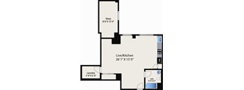 A floor plan of a room with a sleeping area, a laundry area, a bathroom, and a live/kitchen area.