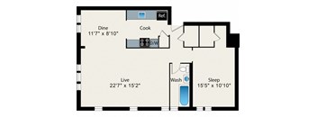A floor plan of a small apartment with a living area, a sleeping area, a kitchen, a dining area, and a bathroom.