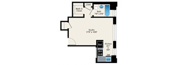 A floor plan of a studio apartment with a bath, kitchen, and studio space.