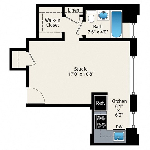 A floor plan of a studio apartment with a bath, kitchen, and studio space.